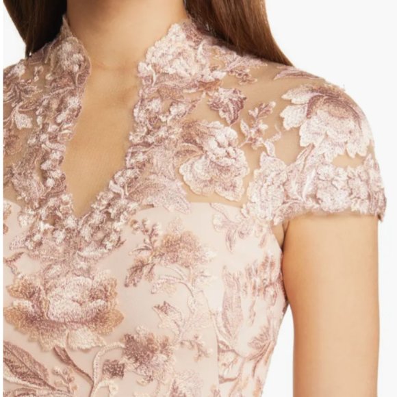 TADASHI SHOJI ANKUR FLORAL CAP SLEEVE SHEATH PEACH BLOSSOM DRESS sz 2 - Picture 3 of 7